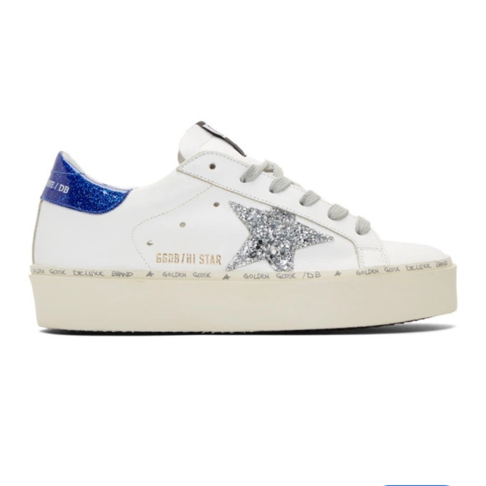Golden Goose White and Blue Glitter Hi-Star Sneakers 39